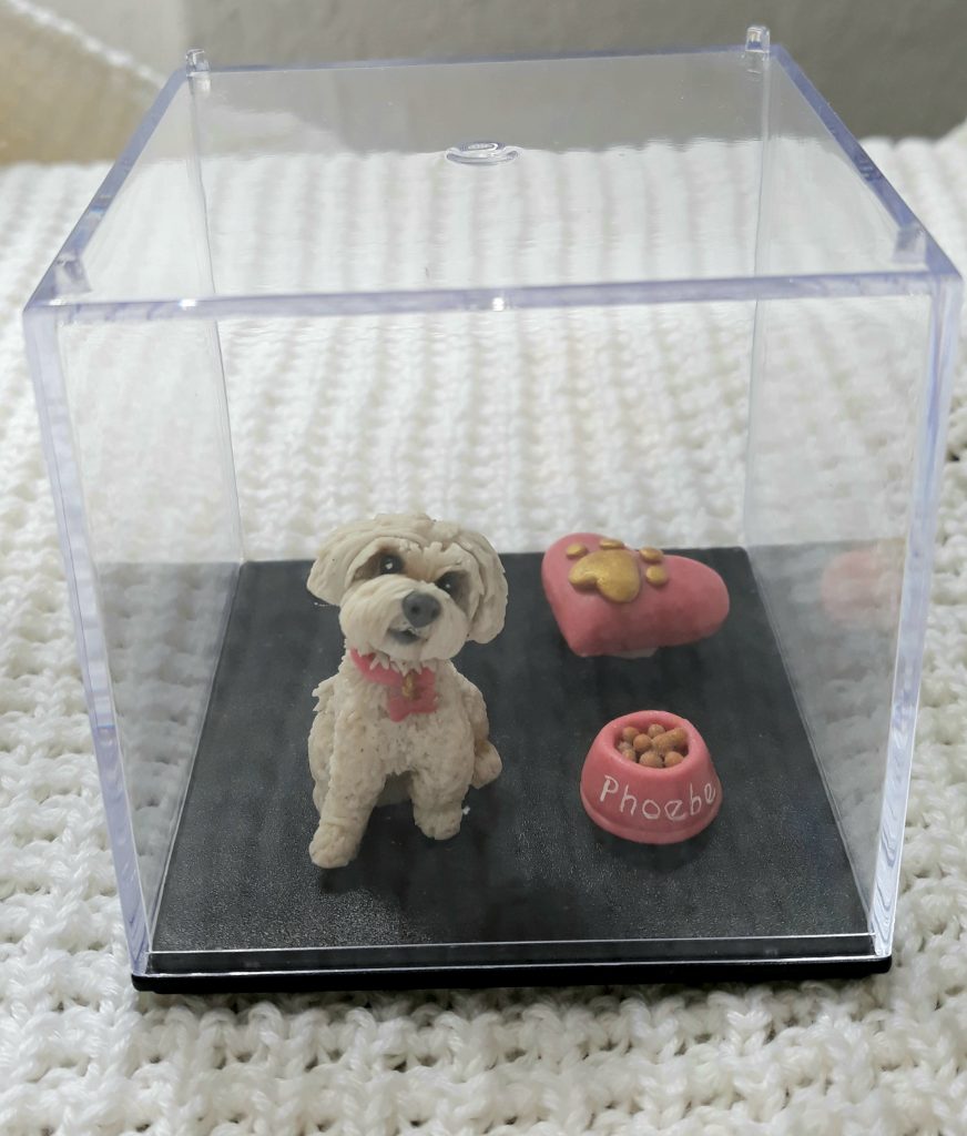 Se murió mi mascota y la recuerdo en caja transparente con escultura de un perrito