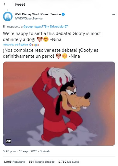 Tweet confirmando que Goofy es un perro