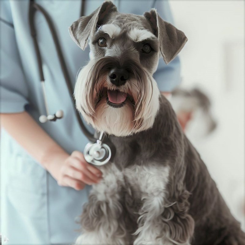 veterinario revisa un perro de raza Schnauzer