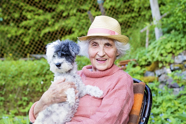 abuela sentada en el jardin con su perrito obtiene beneficios para su salud cardiovascular