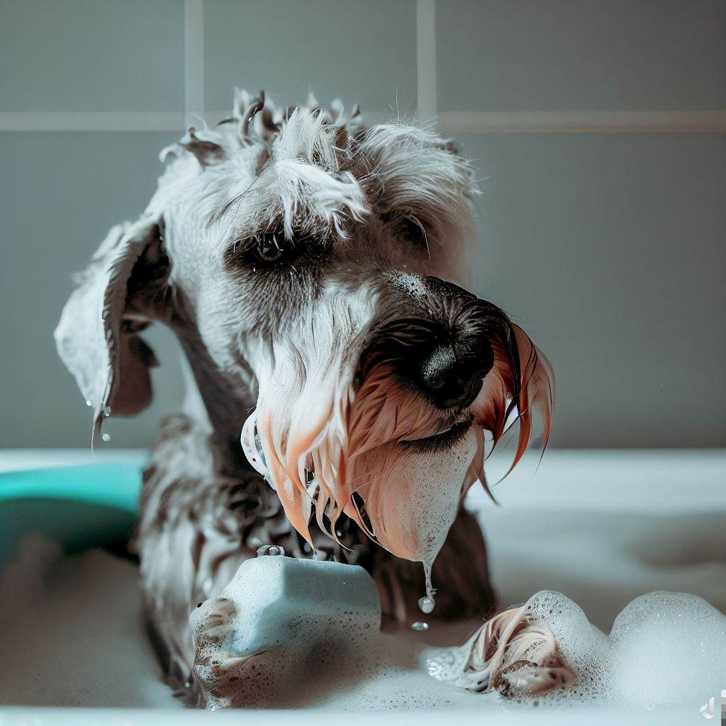 Perro de raza Schnauzer toma baño de burbujas